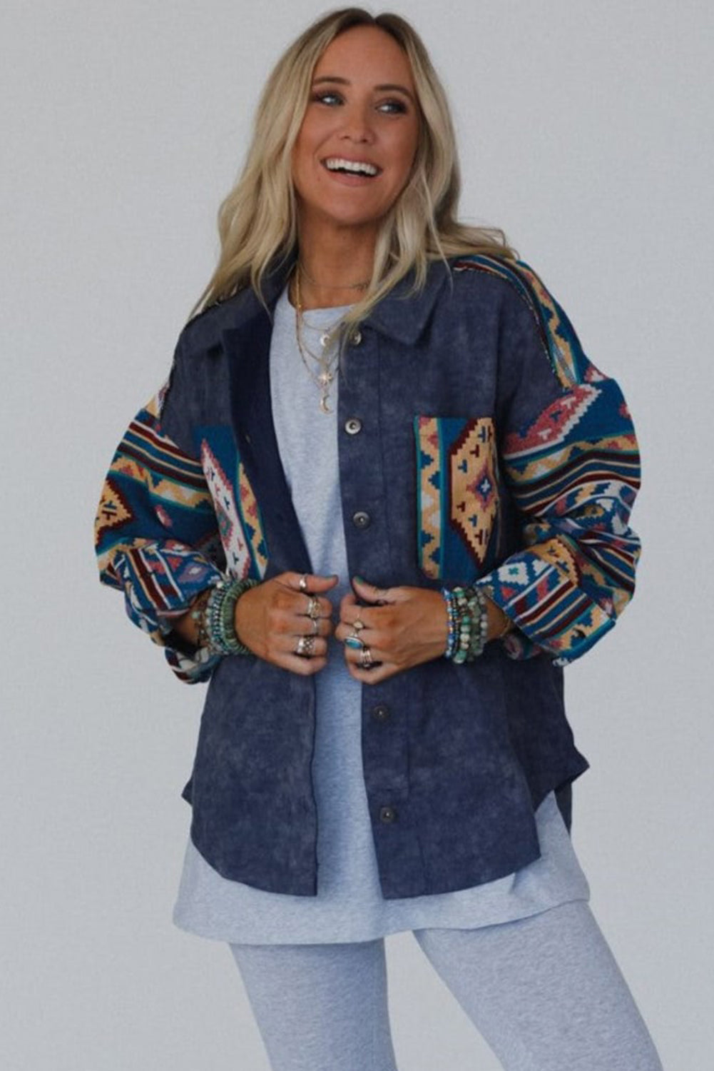 Dirty blue Aztec Print Patchwork Button Down Corduroy Shacket