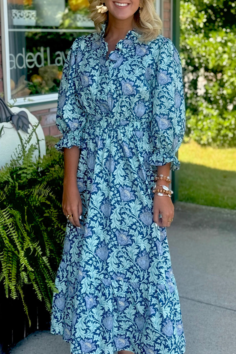 Sky Blue Floral Printed Frilled V Neck Bracelet Sleeve Midi Dress