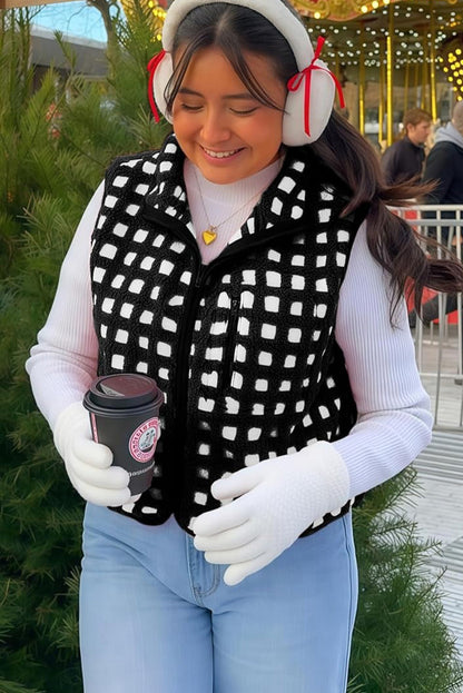 Black Checkered Texture Plush Zip Up Winter Vest