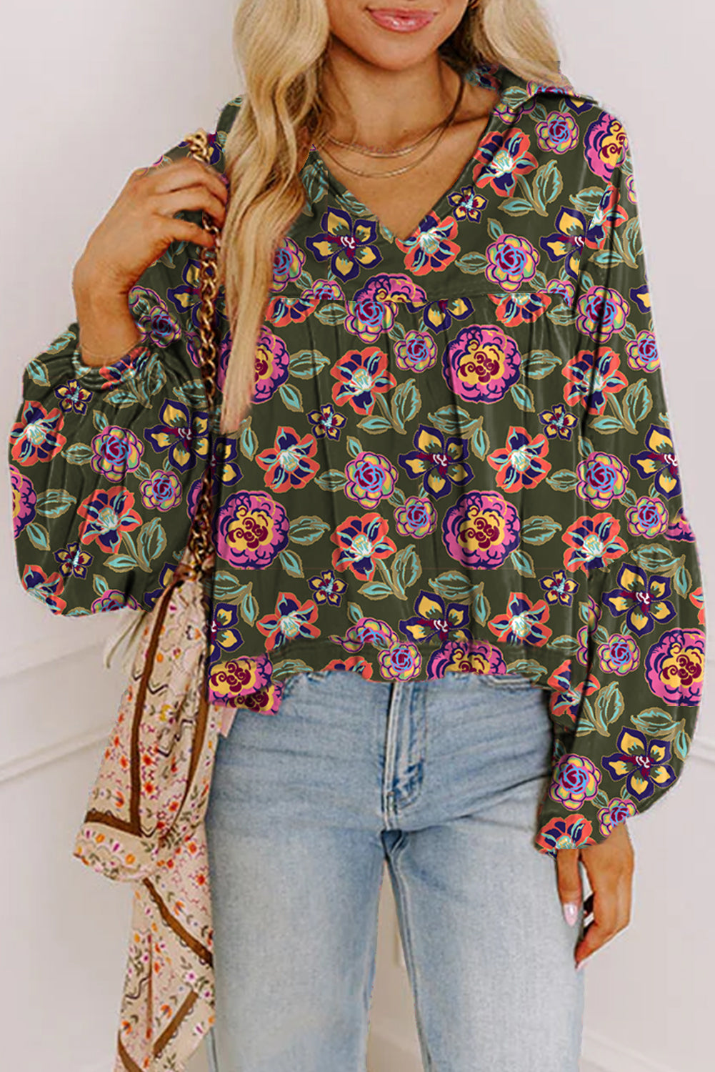 Green Floral Print V Neck Long Sleeve Blouse