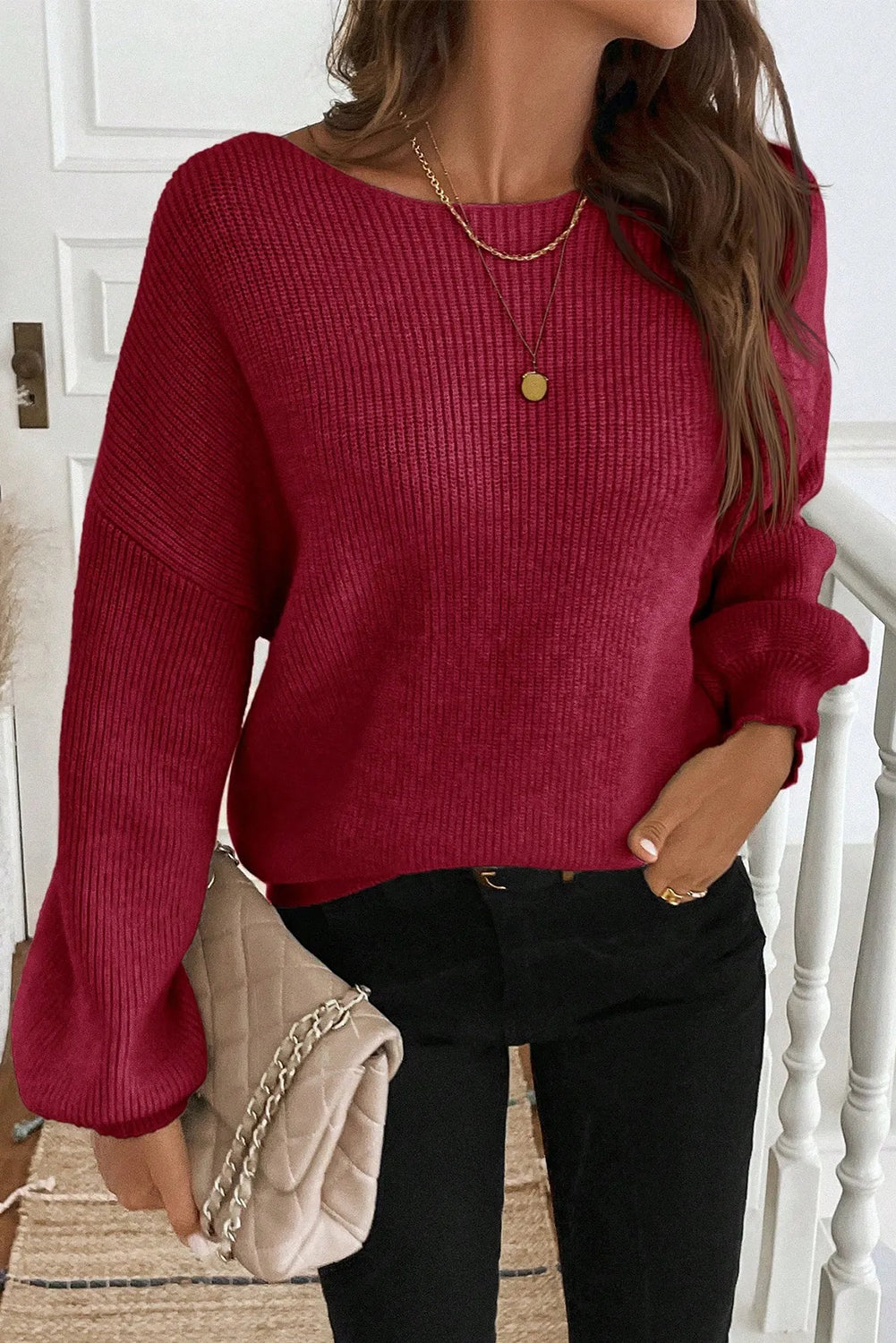 Red Dahlia Ribbed Knit Contrast Ribbon Knot Drop Shoulder Sweater
