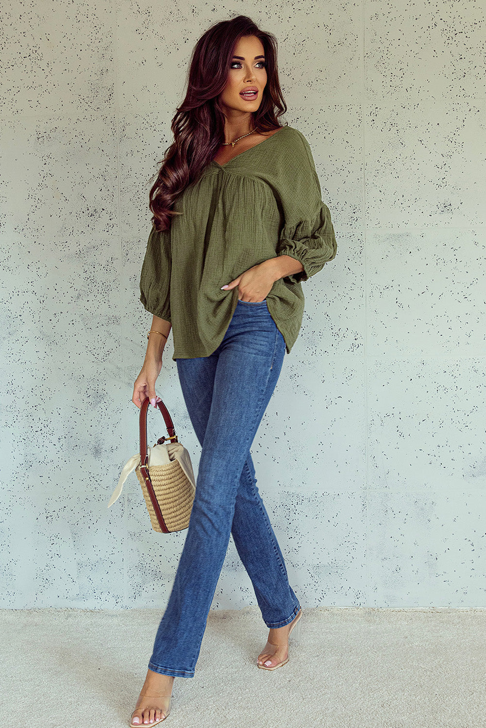 Green Textured V Neck Bracelet Sleeve Babydoll Blouse with Puff Sleeves