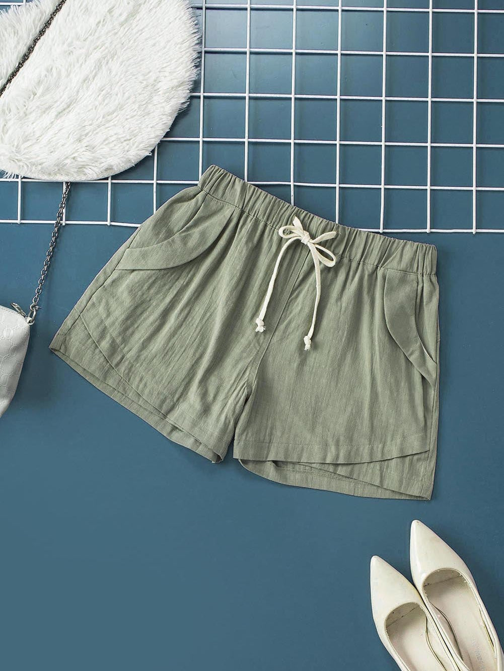 Green Linen Drawstring Shorts