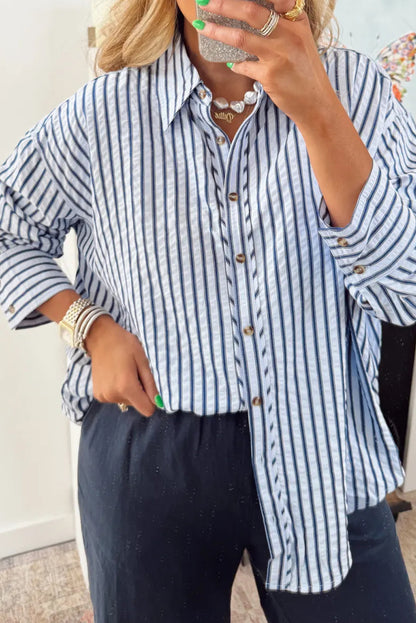 Blue Stripe Textured Hi Low Rounded Hem Casual Shirt with Slits