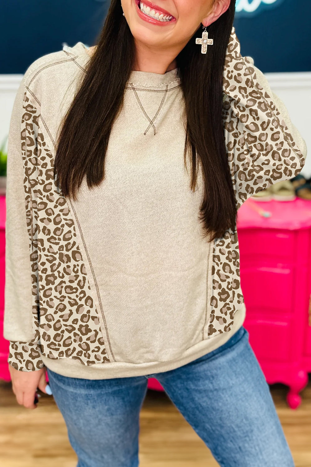 Beige Exposed Seam Leopard Patchwork Long Sleeve Top