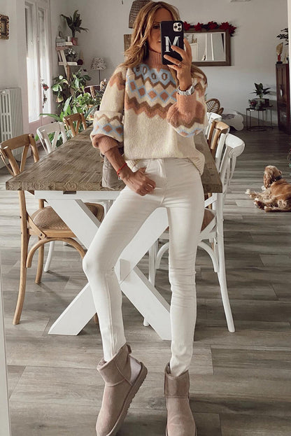 Khaki Ribbed Trim Geometric Pattern High Neck Sweater