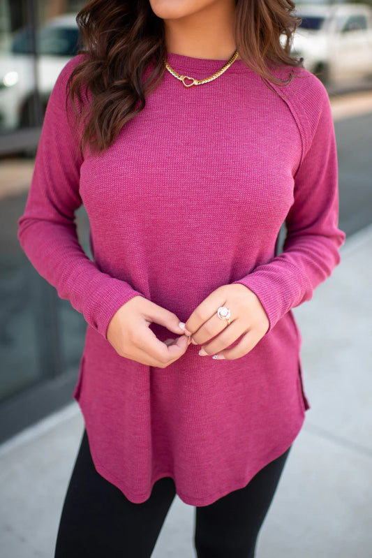 Rose Red Solid Color Thermal Knit Exposed Seam Raglan Sleeve Top