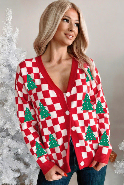 Red Checkered Christmas Tree Pattern Button V Neck Cardigan Sweater