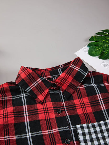Fiery Red Buffalo Plaid Long Sleeve Shirt with Colorful Pockets