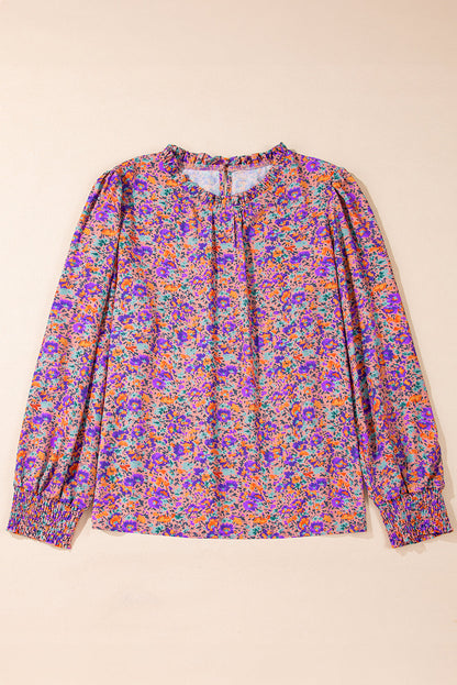 Purple Floral Allover Print Shirred Cuff Frilled O Neck Blouse