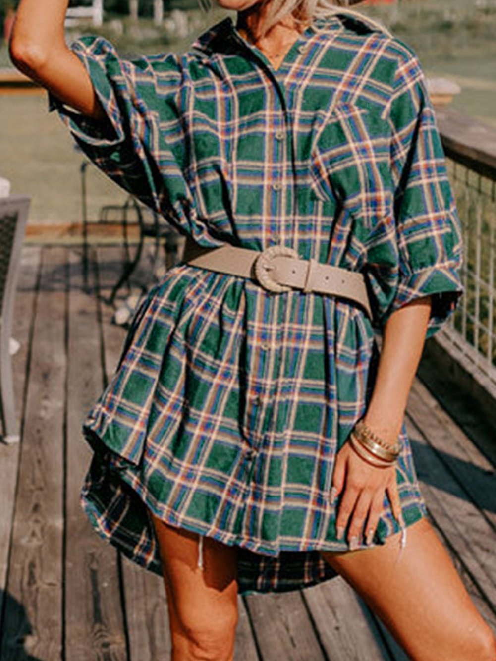 Green Plaid Oversized Tunic Shirt with Half Sleeves