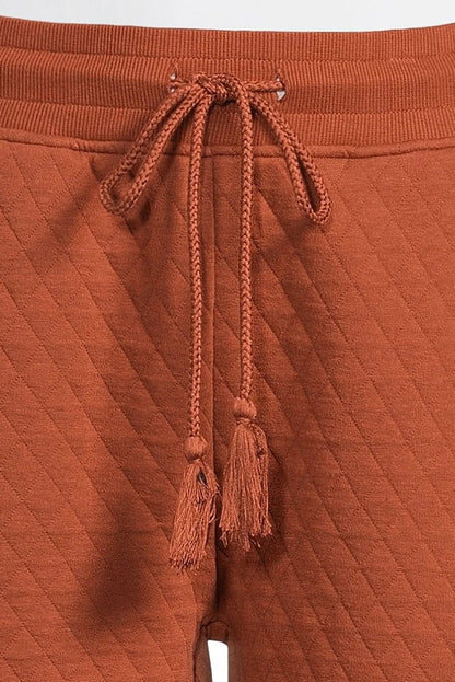 Gold Flame Solid Color Quilted Texture V Neck Button Down Top Drawstring Jogger Pants Set