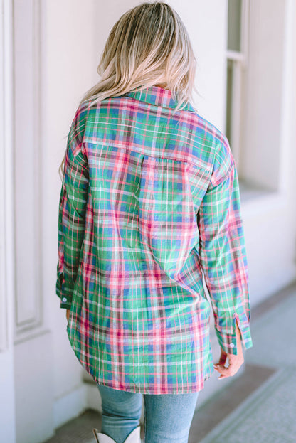Green Plaid Split Detail Button Down Shirt