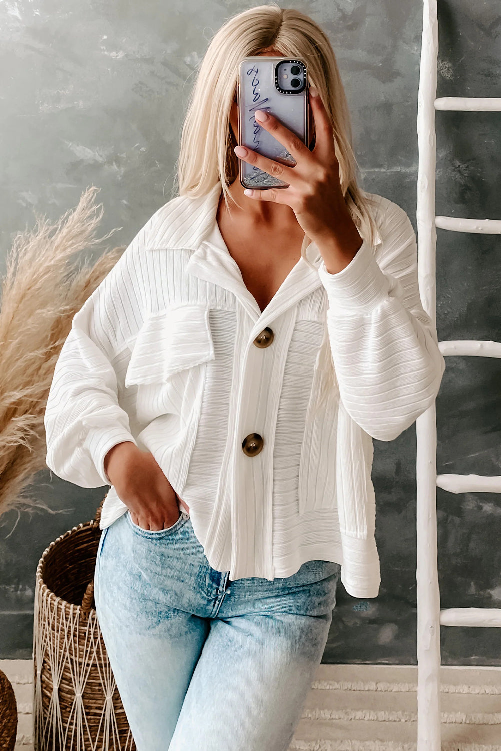 White Ribbed Knit Big Patched Chest Pocket Collared Shacket