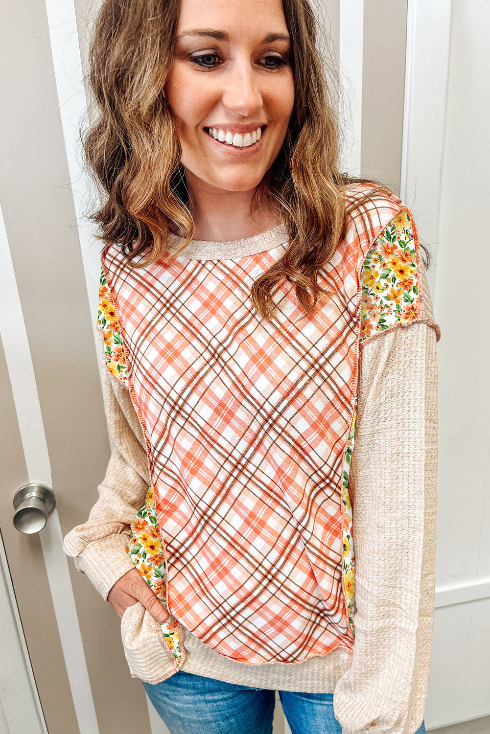 Beige Plaid Floral Mixed Pattern Patchwork Uneven Hem Textured Knit Top