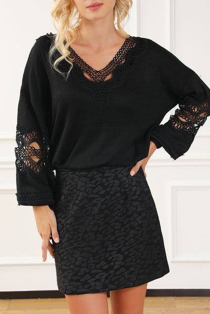 Elegant Black Lace V-Neck Knit Sweater with Hollow Details