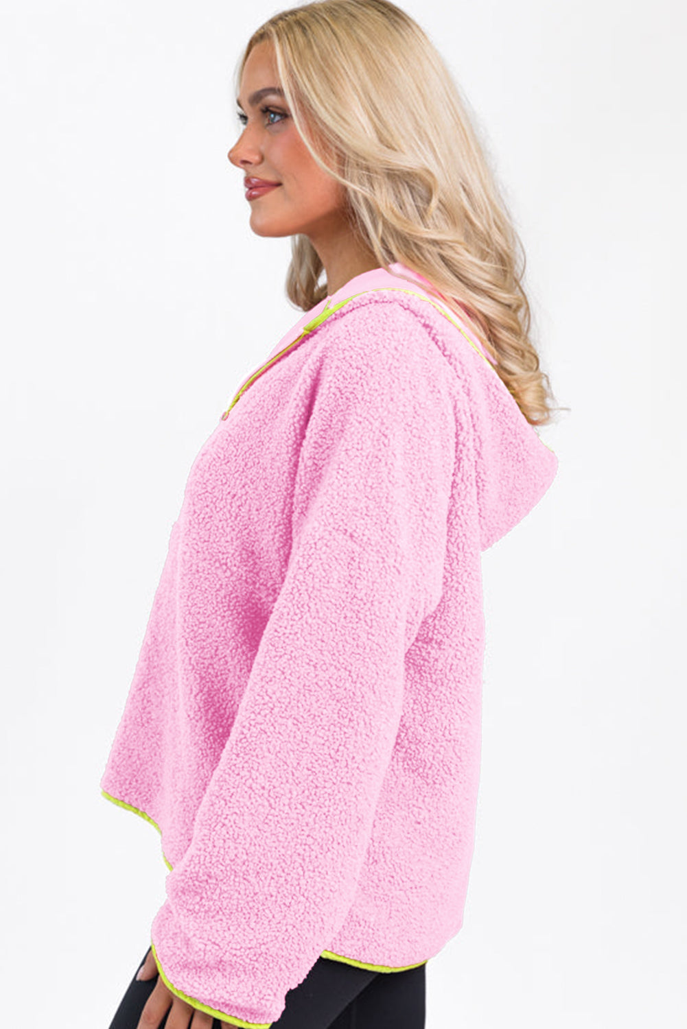 Rose Red Sherpa Half Zip Contrast Trim Pullover Hoodie