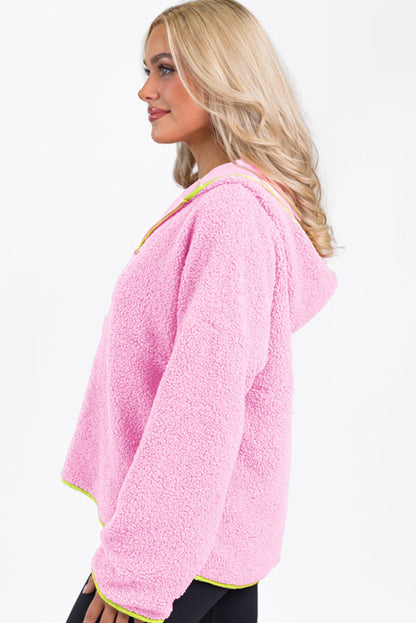 Rose Red Sherpa Half Zip Contrast Trim Pullover Hoodie