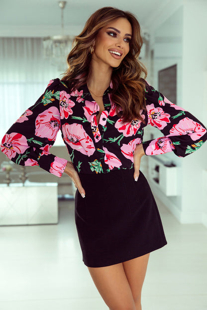 Elegant Floral Print Puff Sleeve Blouse