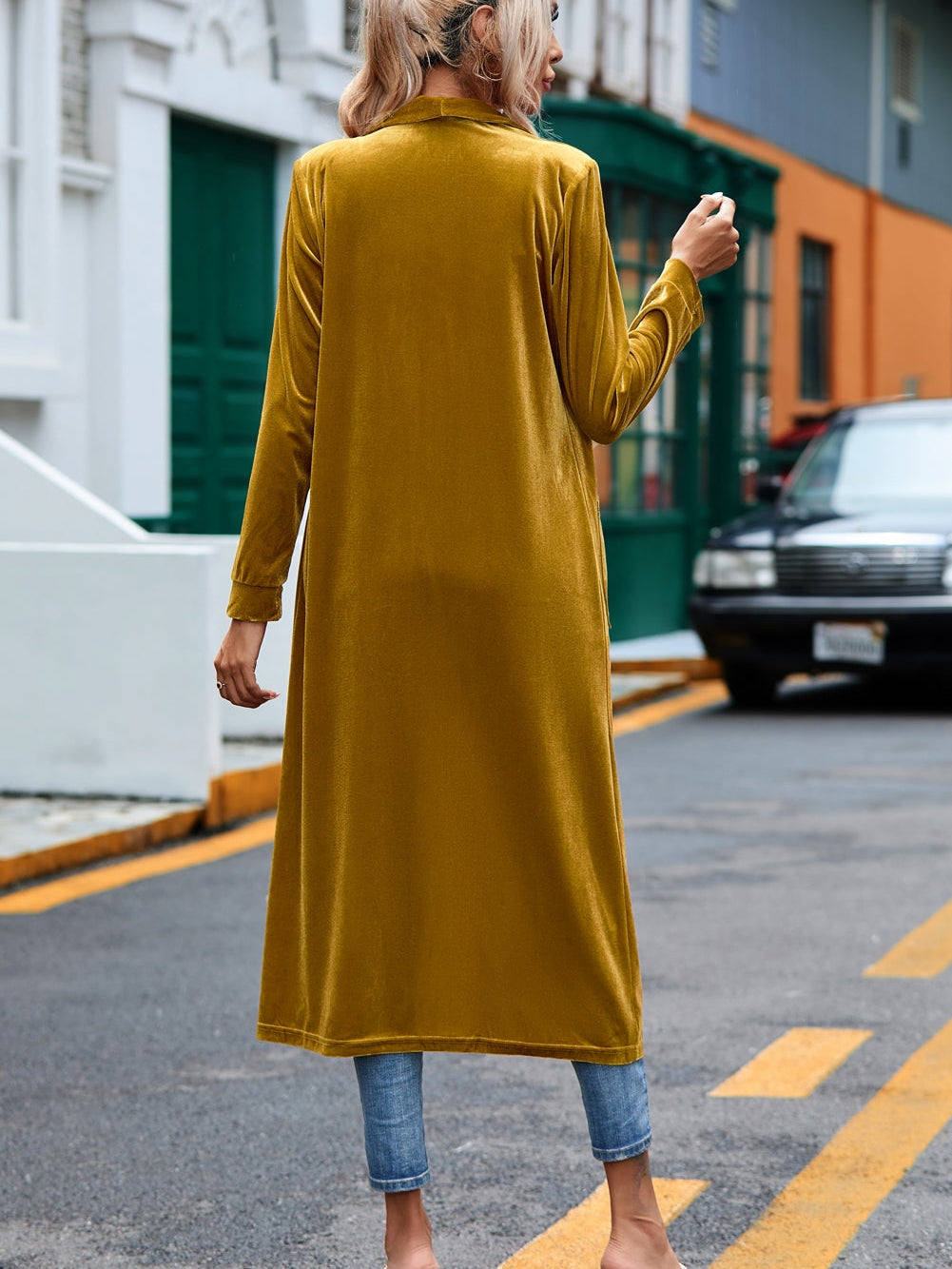 Golden Mustard Plush Open Front Pocketed Maxi Cardigan