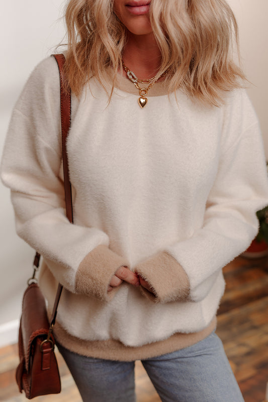 White Plush Soft Contrast Trim Colorblock Round Neck Sweatshirt