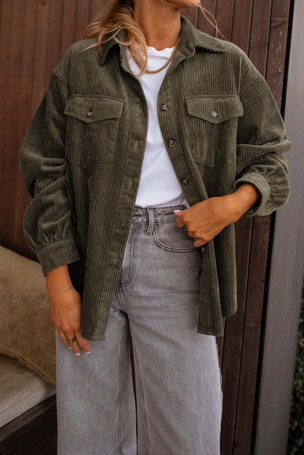Moss Green Solid Color Button Flap Pocket Corduroy Shacket