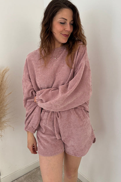 Fushia Solid Color Textured Knit Drop Shoulder Pullover Drawstring Shorts Set