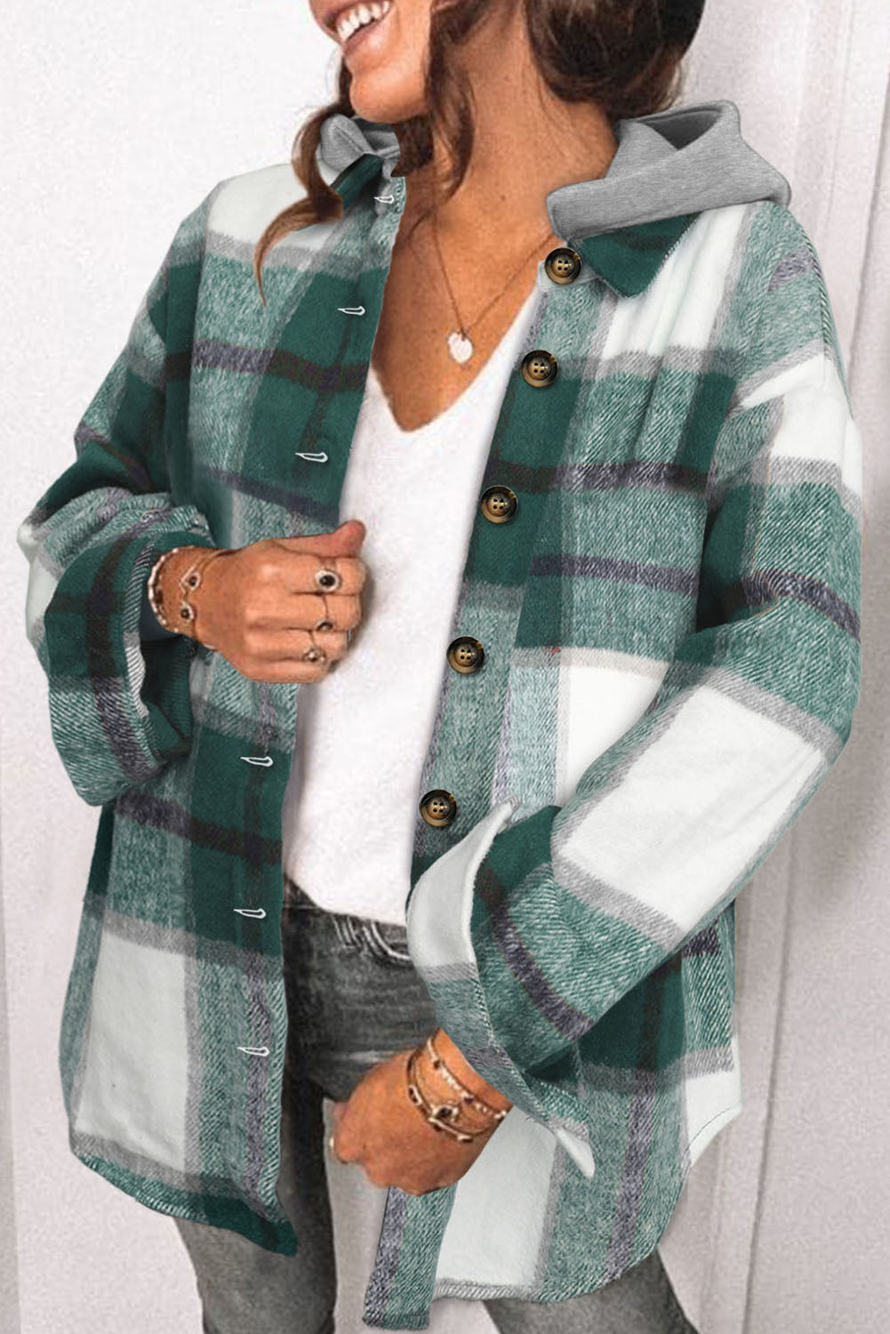Green Plaid Hooded Button-Up Shacket