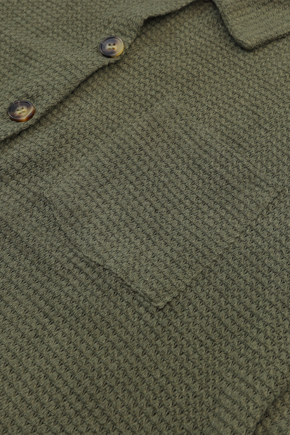 Green Textured Waffle Knit Button Down Blouse