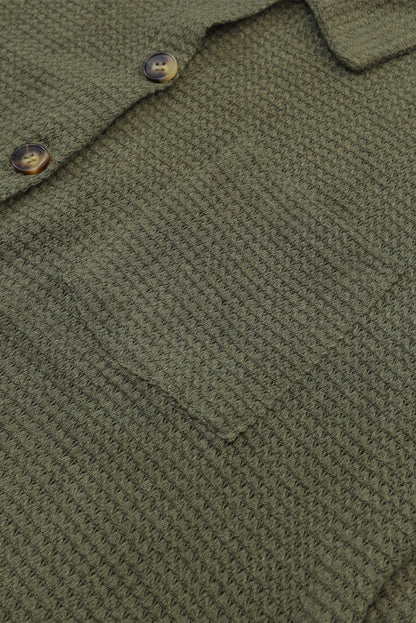 Green Textured Waffle Knit Button Down Blouse