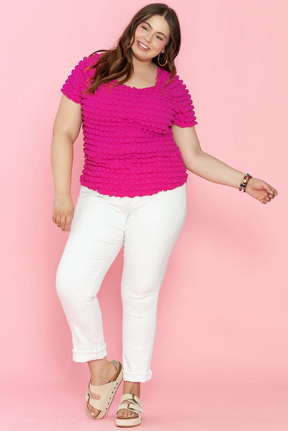Strawberry Pink Bubble Textured Square Neck Plus Size Top with Short Sleeves