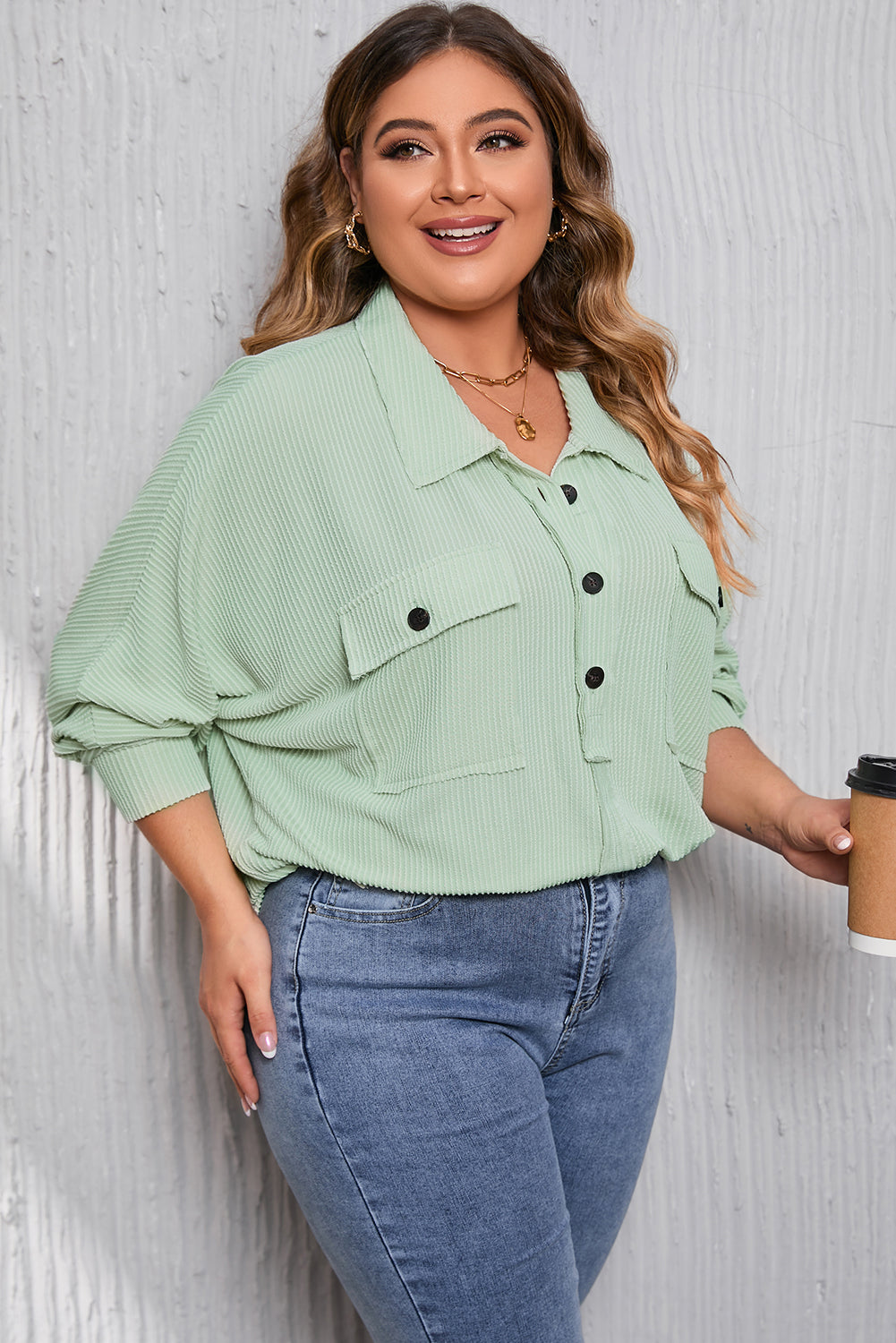 Sage Oversized Ribbed Henley Top with Pockets
