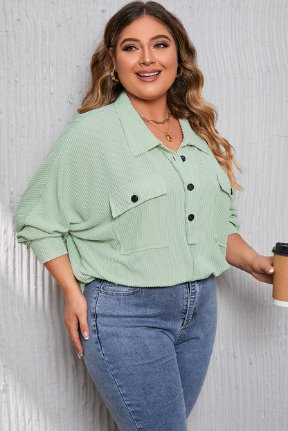 Sage Oversized Ribbed Henley Top with Pockets