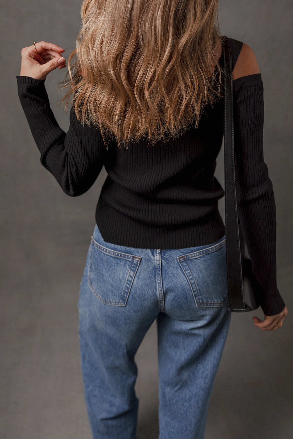 Black Ribbed Knit Cold Shoulder Button Front Sweater