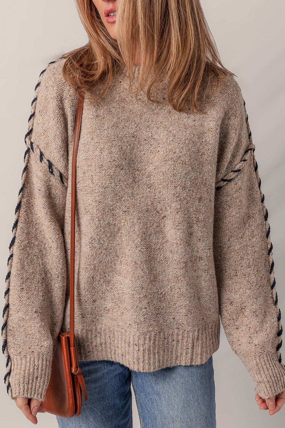 Smoke Gray Color Contrast Stitched Ribbed Edge Crew Neck Sweater