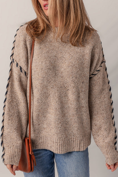 Smoke Gray Color Contrast Stitched Ribbed Edge Crew Neck Sweater