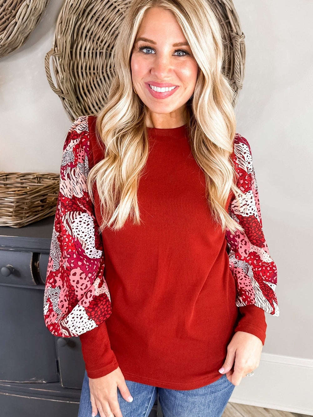 Festive Red Animal Print Lantern Sleeve Patchwork Top