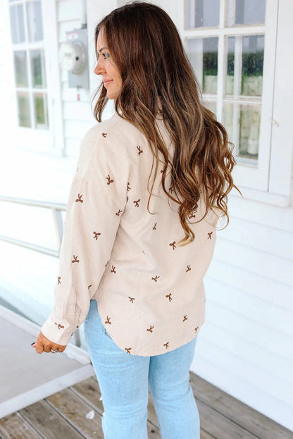 Jet Stream Tiny Bow Embroidered Button Down Corduroy Shacket