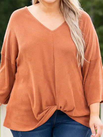 Gold Flame Plus Size Twist Hem Bracelet Sleeve Ribbed Top