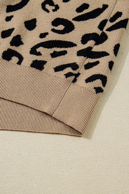 Brown Leopard Knitted Lacy Trim Cuffed Plus Size Sweater