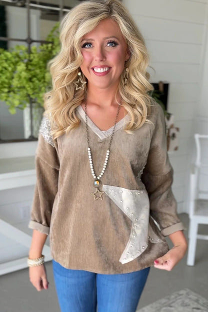 Parchment Sequin & Metallic Rhinestone Star Patches V Neck Long Sleeve Top