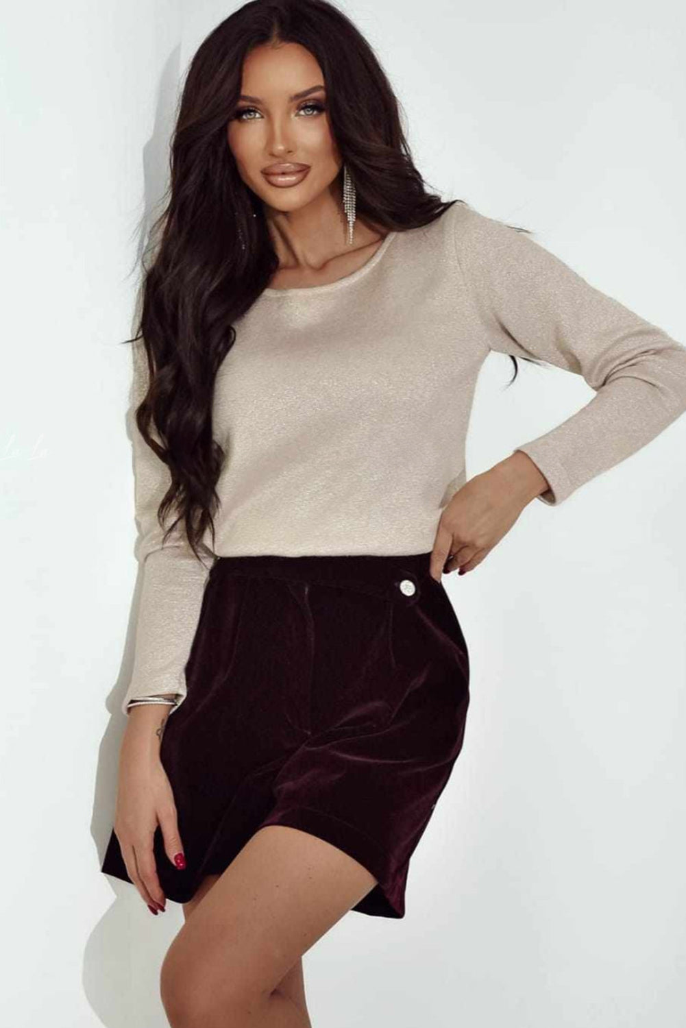 Jet Stream Open Back Ribbon Bow Decor Shimmery Long Sleeve Top