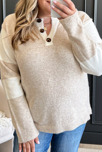 Parchment Color Block Sleeve Button Notched Neck Plus Size Sweater