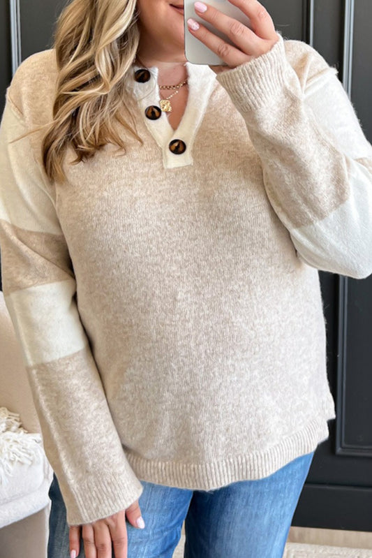 Parchment Color Block Sleeve Button Notched Neck Plus Size Sweater
