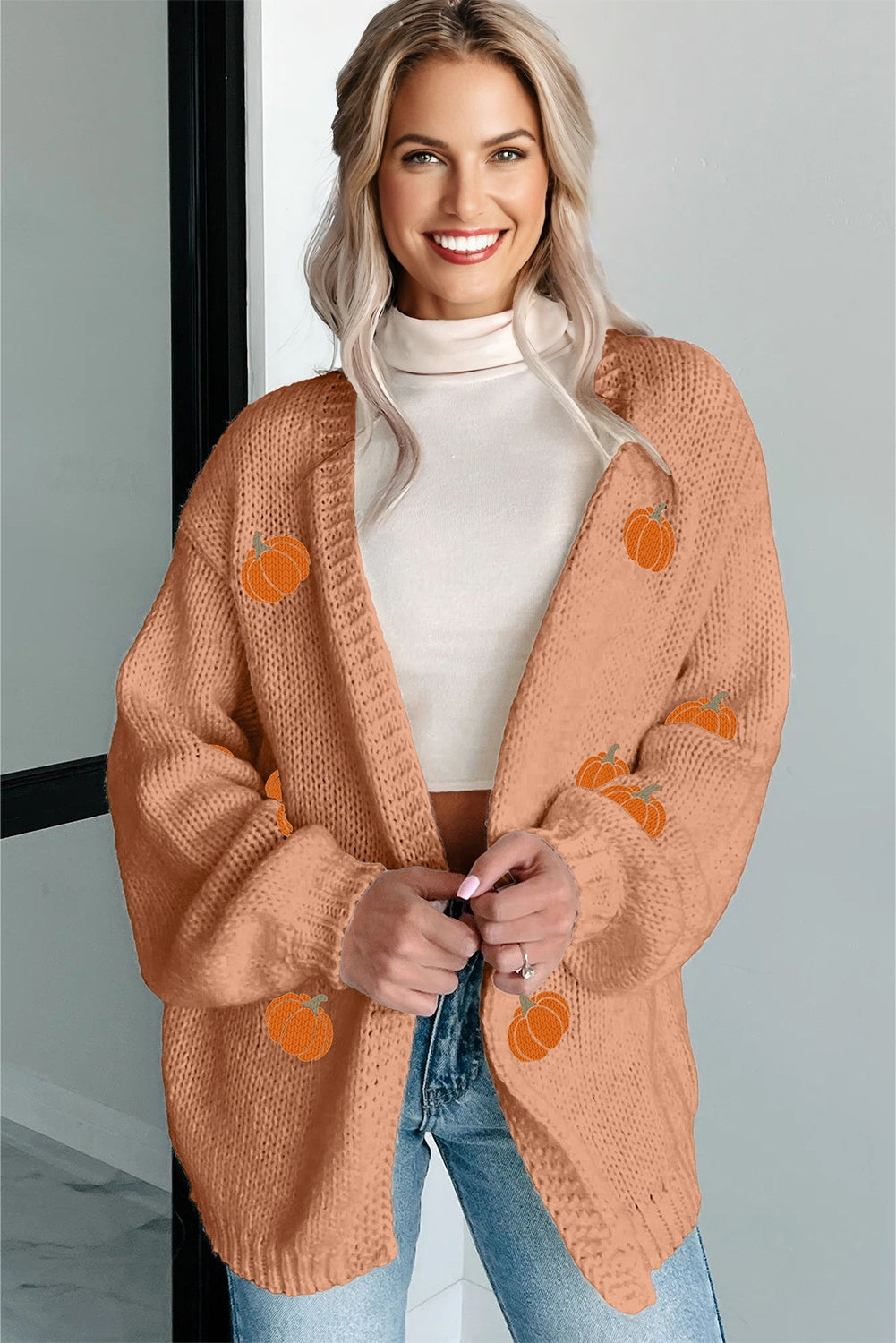 Straw Yellow Pumpkin Print Open Front Drop Shoulder Midi Cardigan