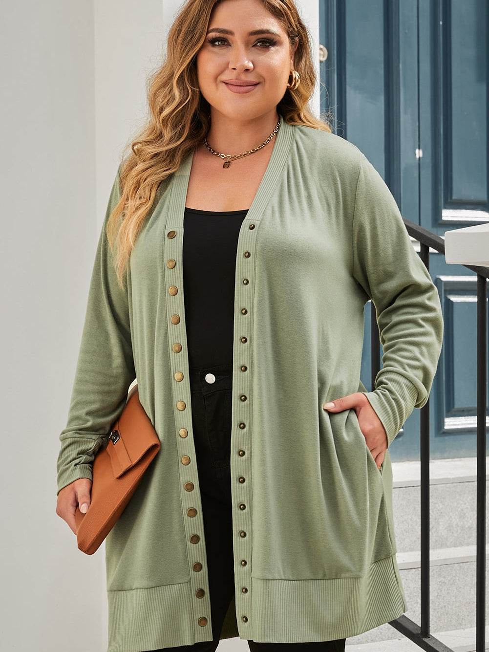 Green V-Neck Plus Size Snap Button Cardigan with Pockets