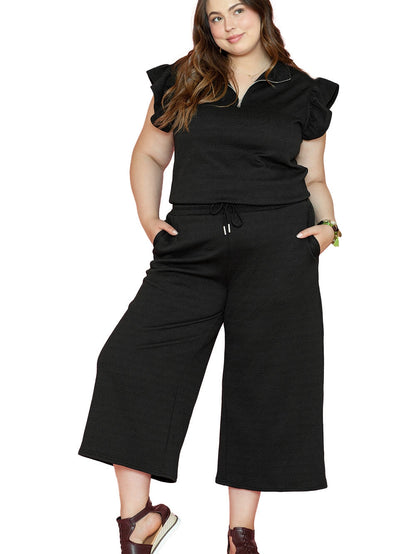 Chic Black Ruffle Sleeve Quarter Zip Top with Wide Leg Pants Set
