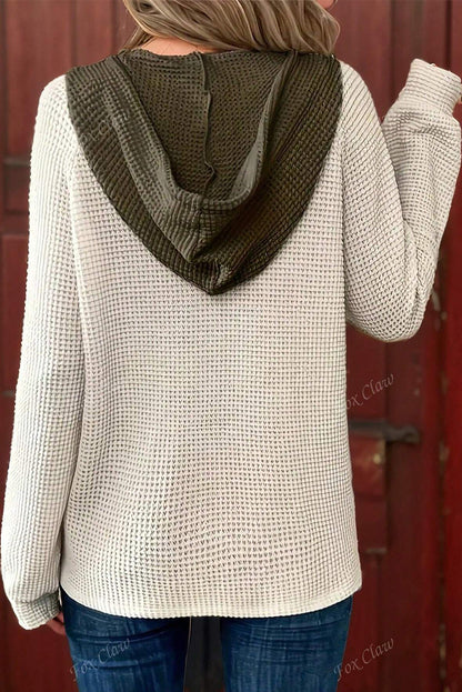 White Waffle Contrast Half Buttoned Hooded Pullover Top