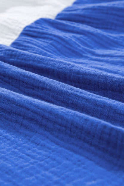 White Crinckle Colorblock Puff Sleeve Buttons Babydoll Dress