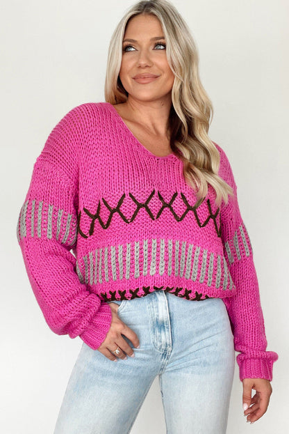 Bright Pink Contrast Stitch Detail V Neck Drop Shoulder Sweater